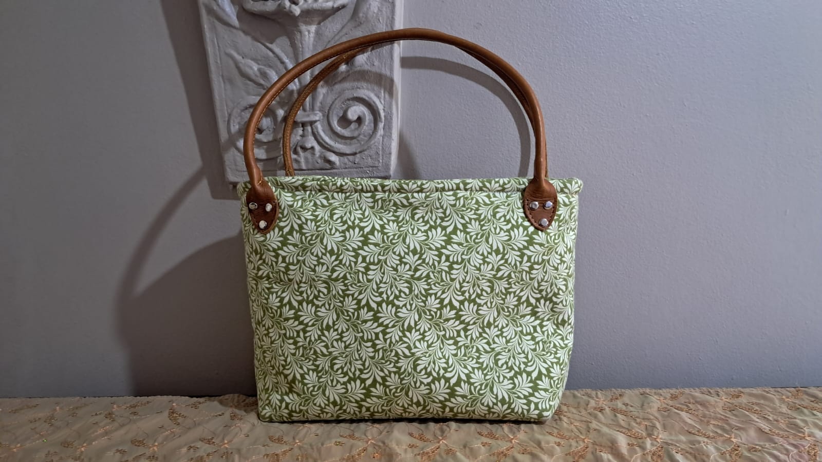 Leafy Green & Leather Zippered Tote Bag