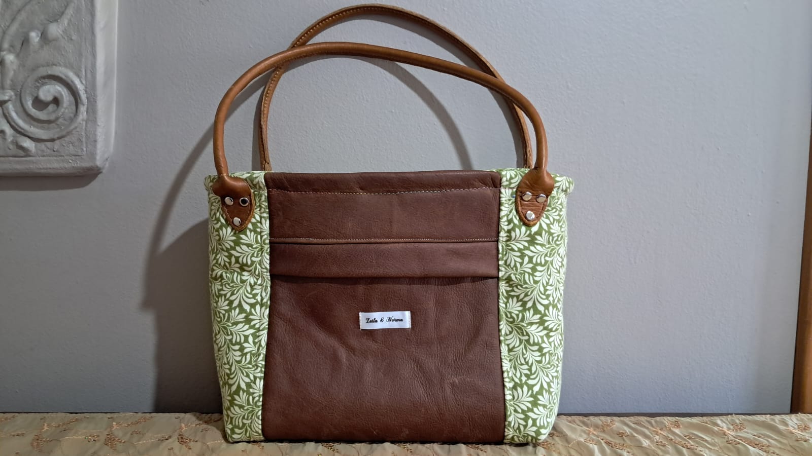 Leafy Green & Leather Zippered Tote Bag