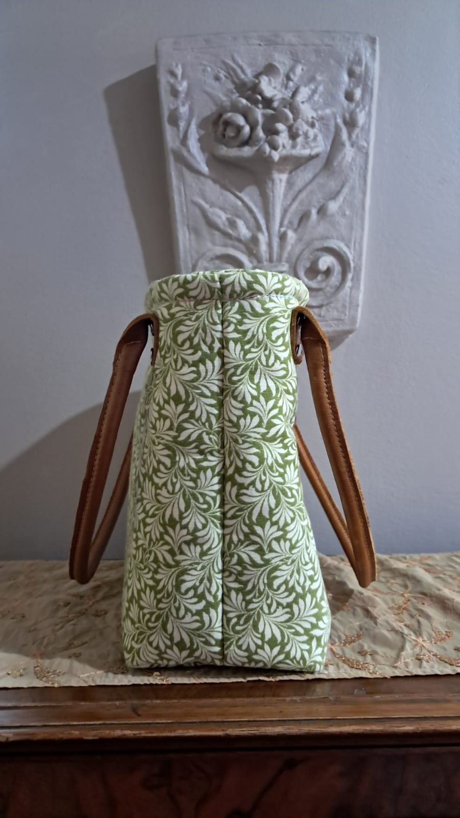 Leafy Green & Leather Zippered Tote Bag