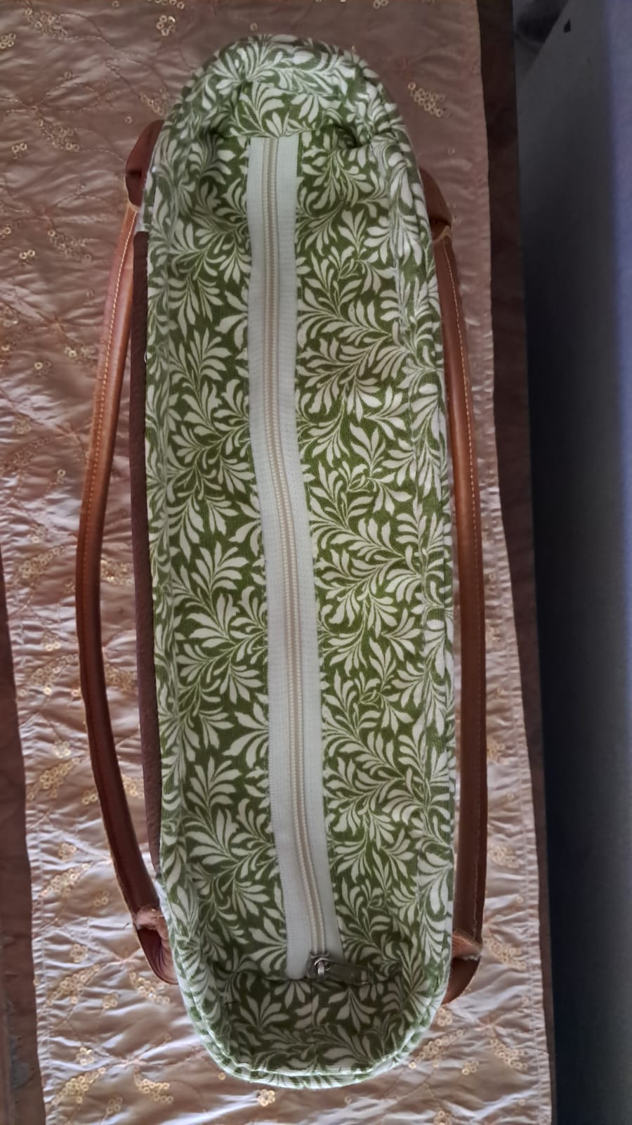 Leafy Green & Leather Zippered Tote Bag